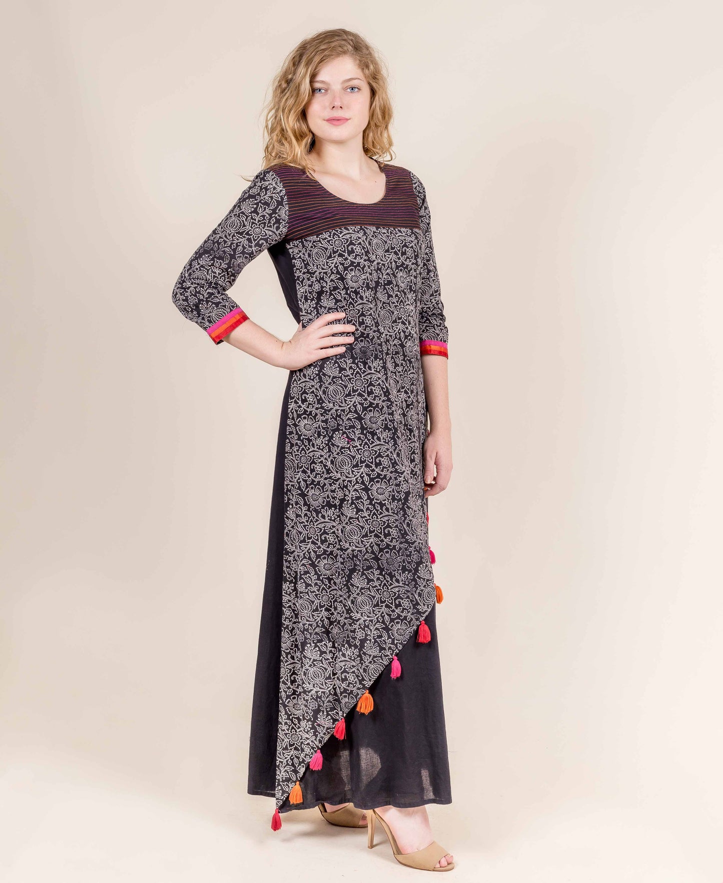 Black Hand Block Printed Dress with Tassels