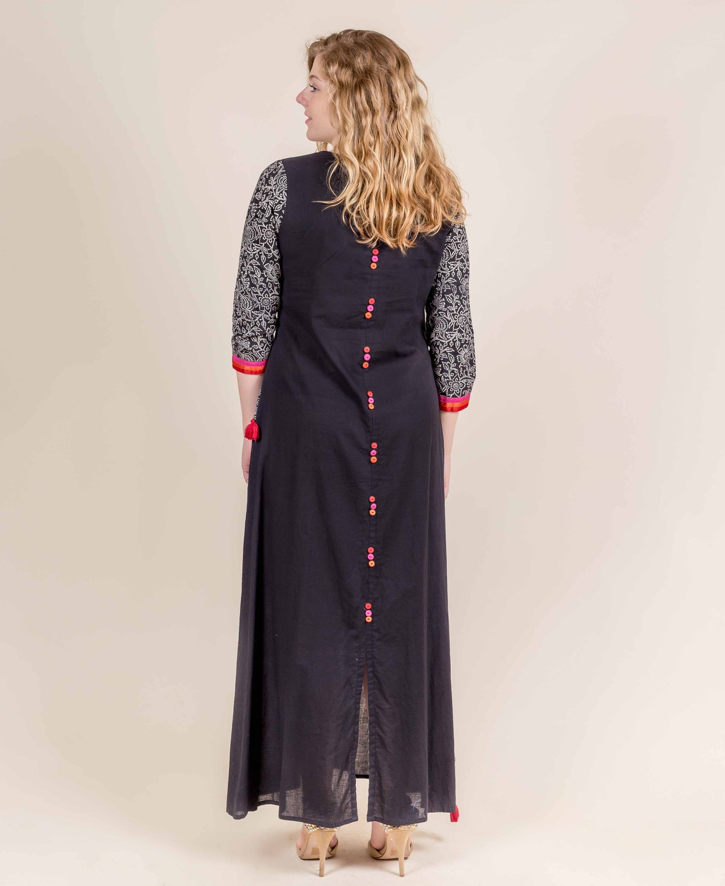 Black Hand Block Printed Dress with Tassels
