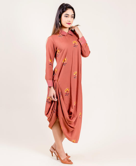 Modal Brown Printed Long Drape Dress