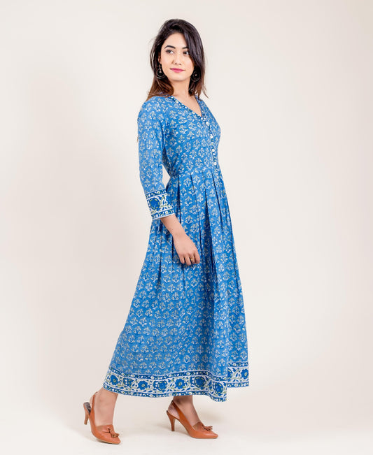 Hand Block Printed Quarter Sleeves Long Cotton Maxi Dress