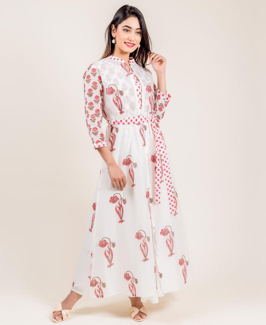 Printed Ivory Chanderi Jacketed Long Indo Western Dress