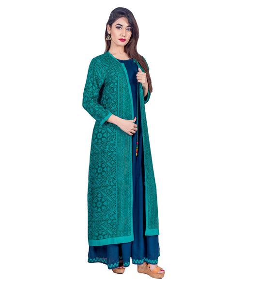 Teal Blue Hand Block Printed Jacket Dress with Embroidery