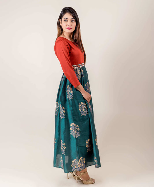 Golden Printed Indo Western Dress In Rust And Teal Shades