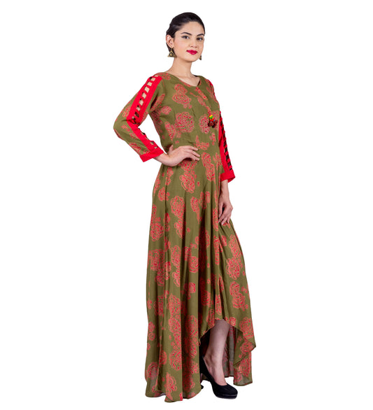 Olive / Rust Hand Block Print Floor Length Indo Western Dress
