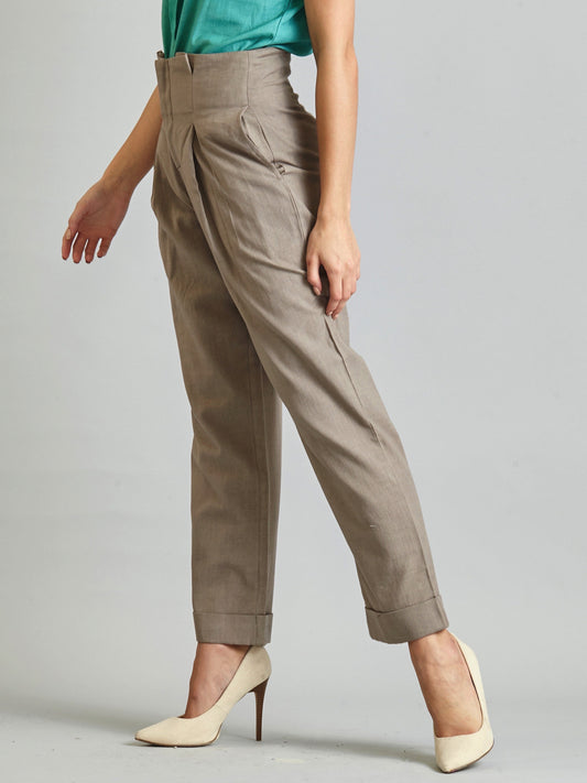 Knife Pleat Straight Turn-up Trousers - Stone Grey