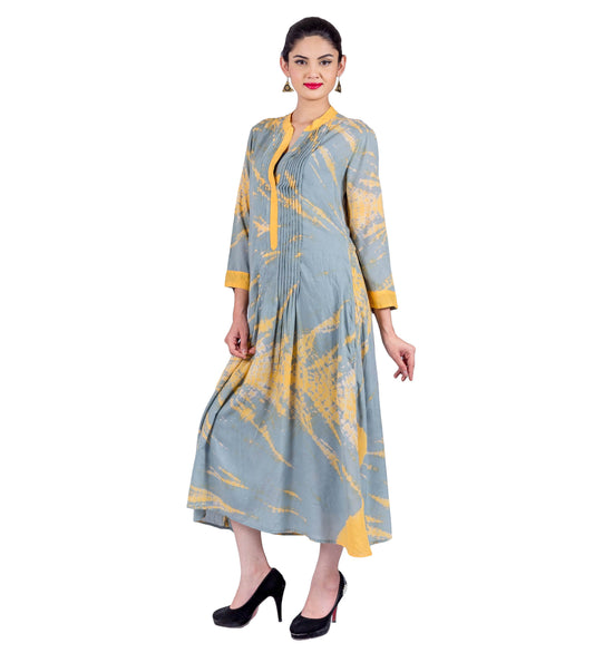 Grey / Yellow Pintuck Tie and Dye Indo Western Dress