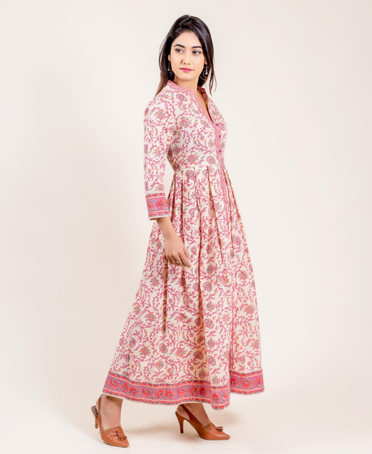 Pink And White Long Hand Block Printed Dress