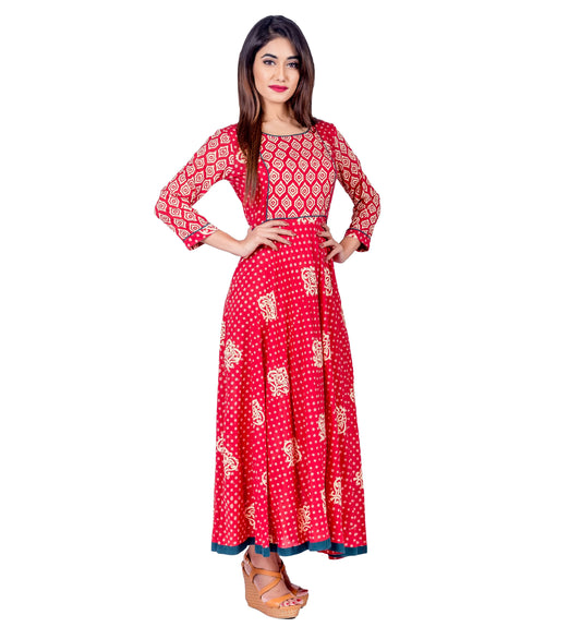 Red Flare Hand Block Print Indo Western Dress