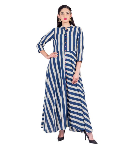 Indigo / White Button Down Striped Mandarin Collar Flared Indo Western Dress