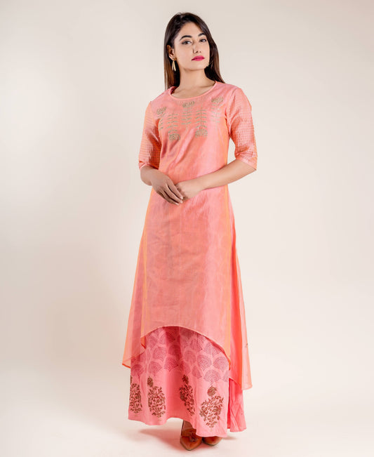 Coral High Low Embroidered Hand Block Printed Indo Western Dress