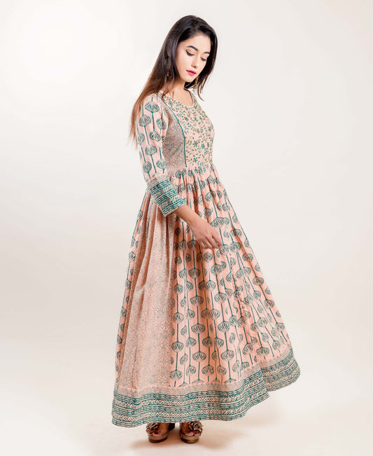 Embroidered Cotton Printed Long Indo Western Style Anarkali Dress