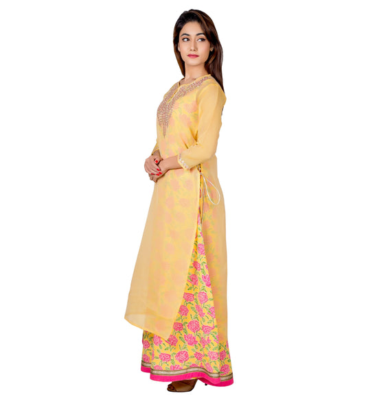 Yellow and Pink Hand Block Printed Embroidered Indo Western Dress with Chanderi Jacket