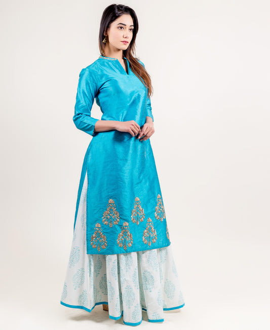 Pencil Cut Dupion Embroidered Kurta With Skirt