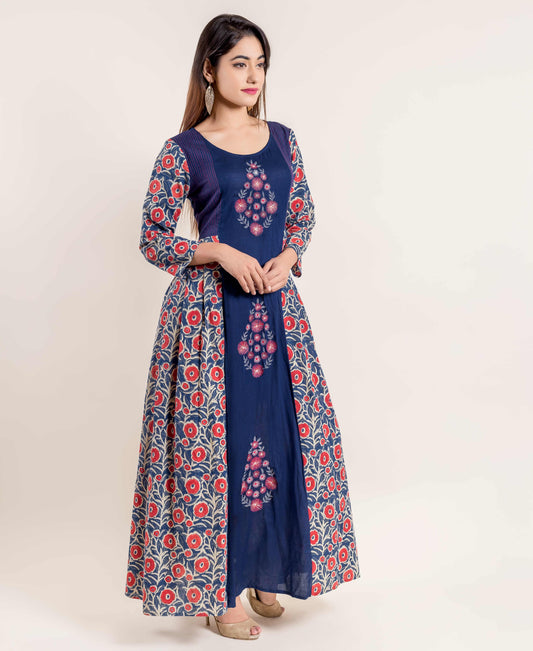 Hand Block Print Embroidered Indo Western Dress