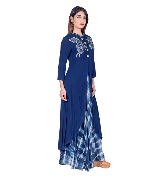 Trail Cut Mandarin Collar Embroidered Indo Western Dress