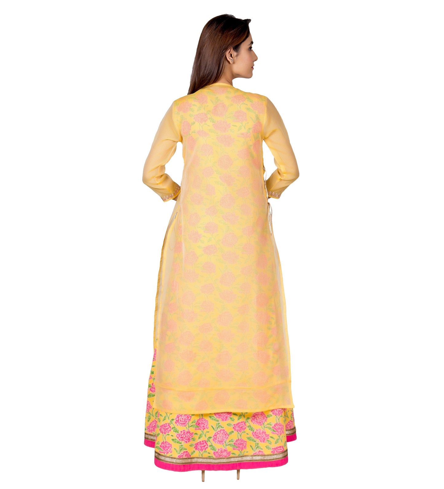 Yellow and Pink Hand Block Printed Embroidered Indo Western Dress with Chanderi Jacket
