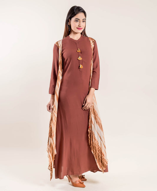 Solid Brown Indo Western Gown with Attached Tie & Dye Shrug