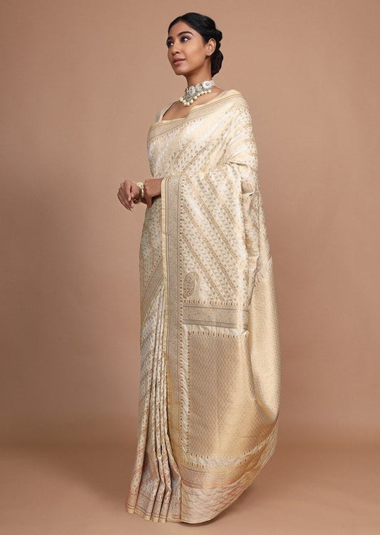 Cream Beige Banarasi Saree In Silk With Weaved Floral Design By The Roy