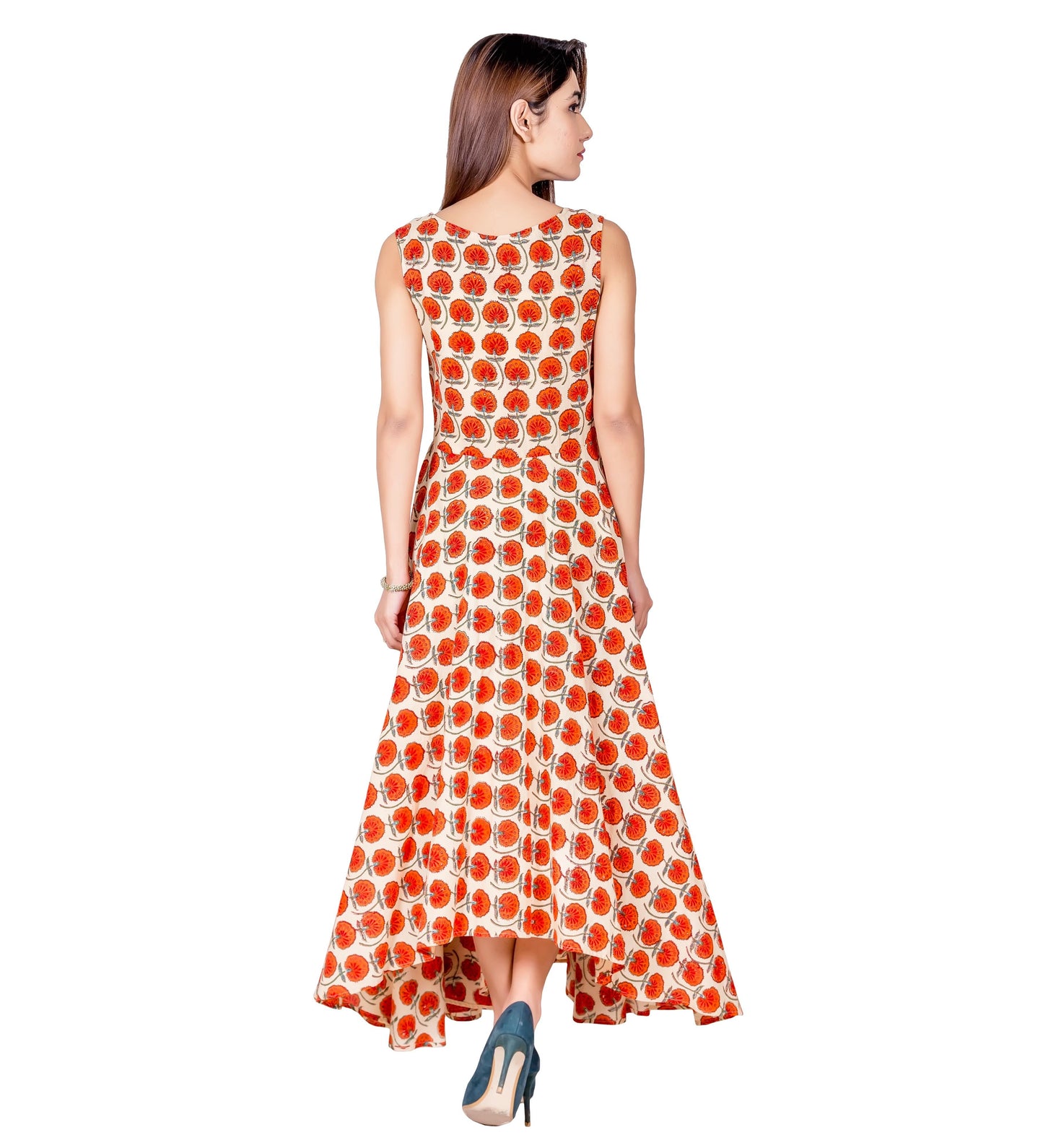 Orange / Beige Sleeveless Hand Block Print High Low Flare Dress