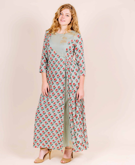 Round Neck Dusty Mint with Red and Peach Print Indo Western Gown