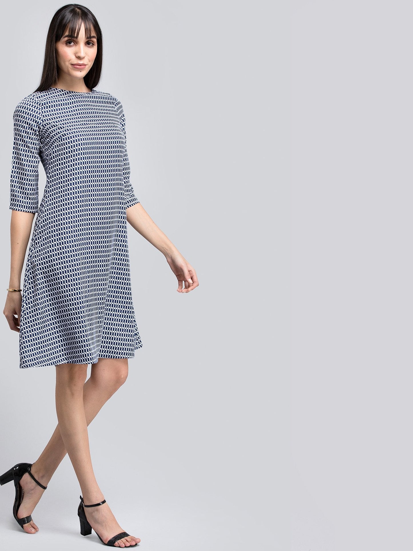 Geometric Print A Line Dress - Navy and White