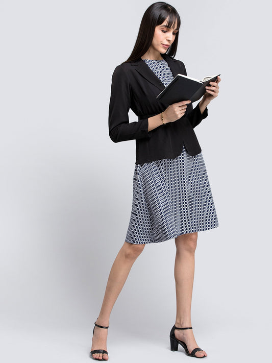 Geometric Print A Line Dress - Navy and White