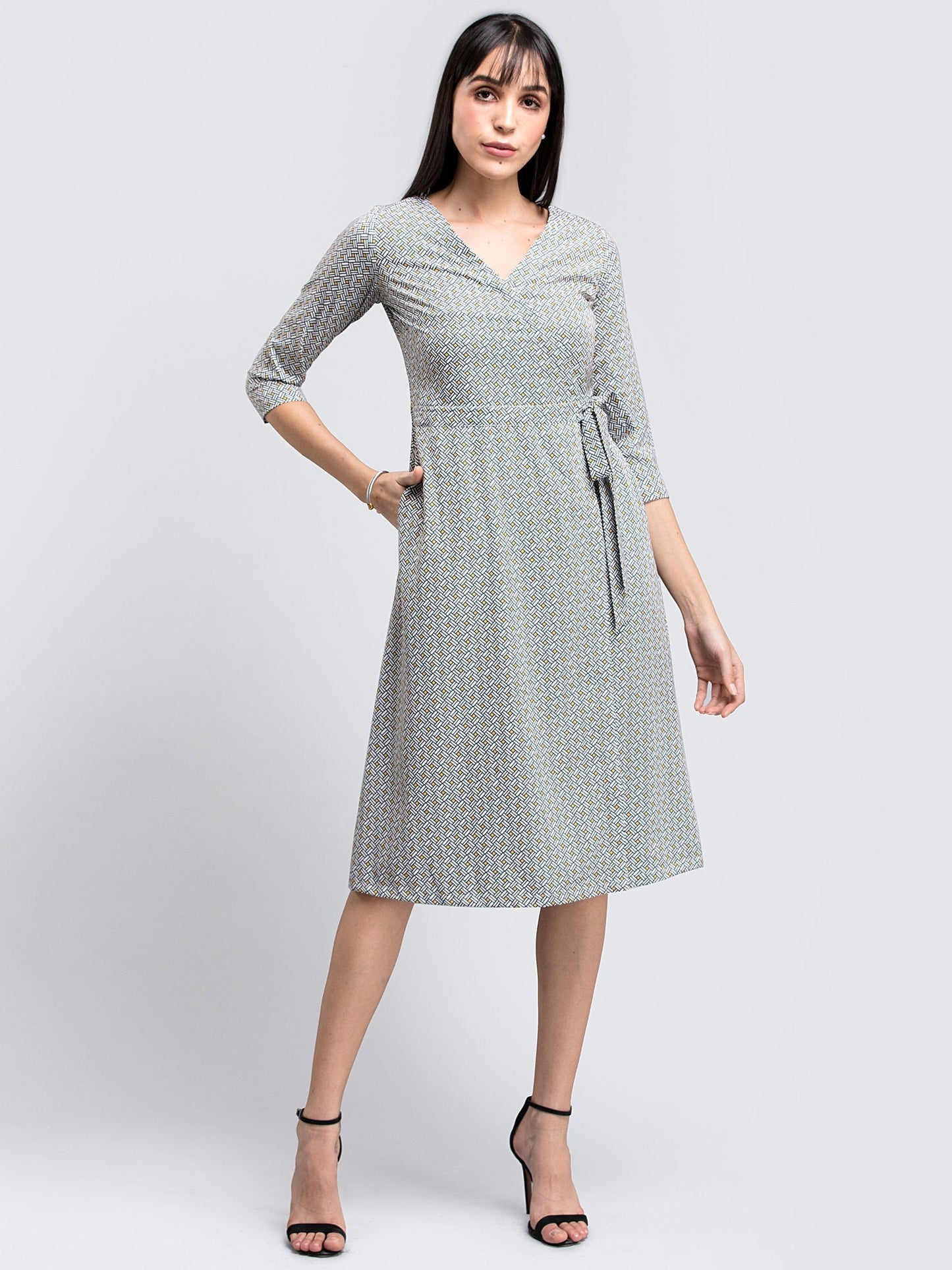 Geometric Print Faux Wrap Dress - Black and White