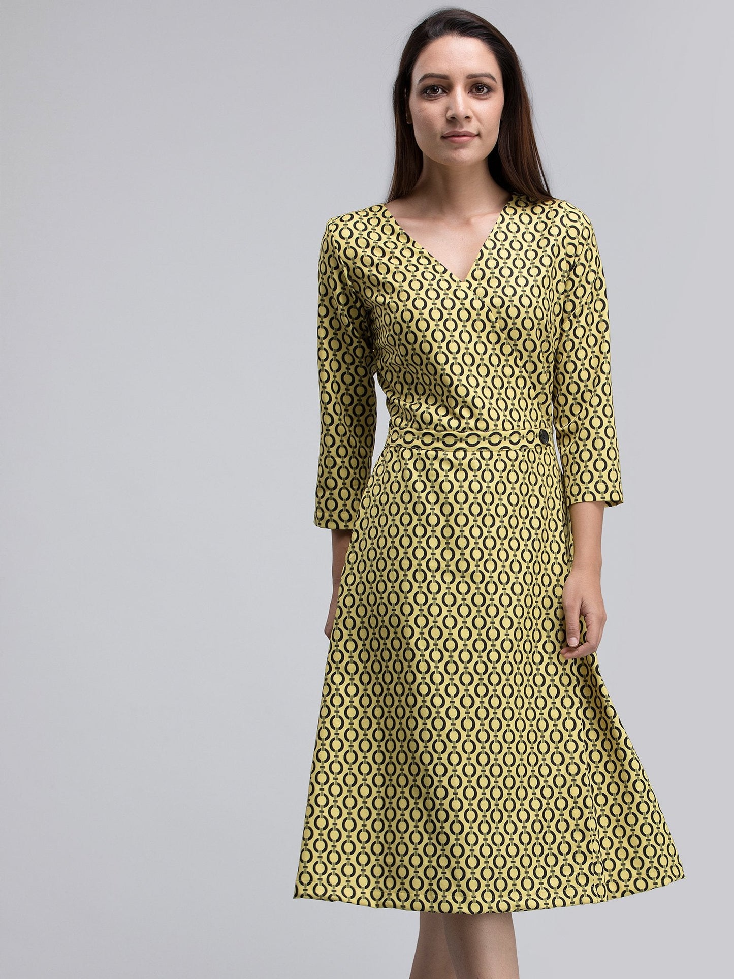 Geometric Print Faux Wrap Dress - Yellow and Black