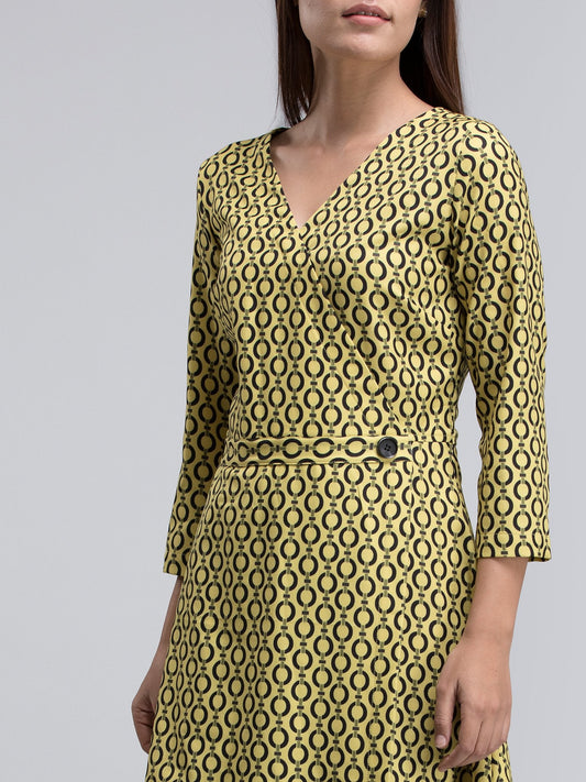 Geometric Print Faux Wrap Dress - Yellow and Black