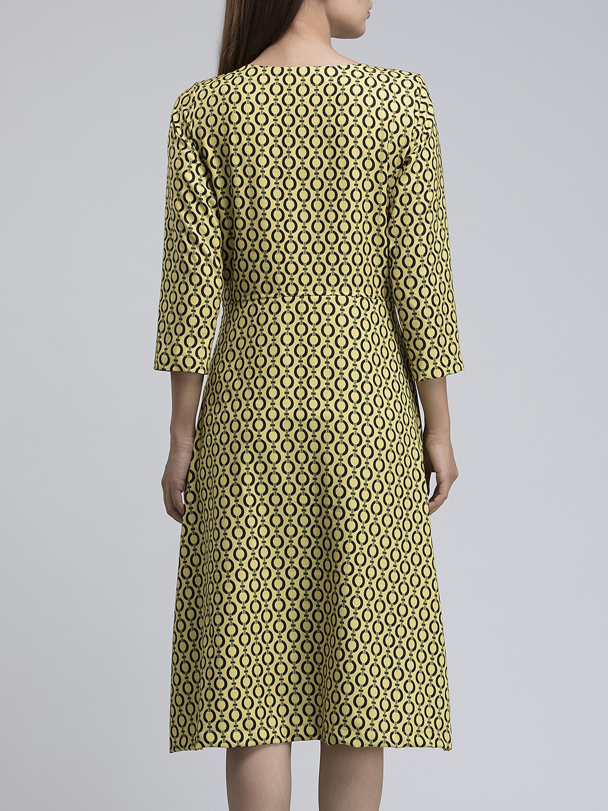 Geometric Print Faux Wrap Dress - Yellow and Black