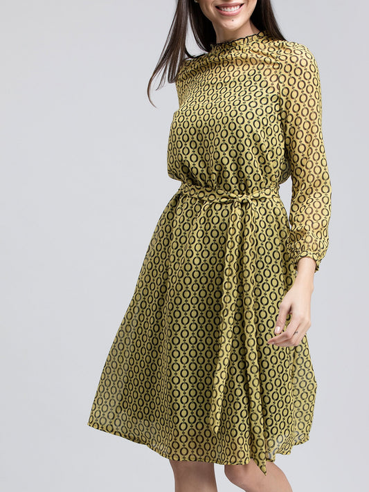 Geometric Print Ruffled A Line Dress - Yellow and Black