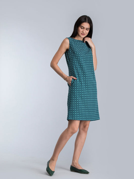 Geometric Print Shift Dress - Blue and Green