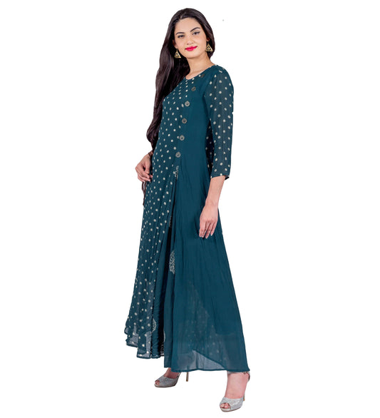 Green Georgette Dotted Indo Western Dress with Antique Coin Design