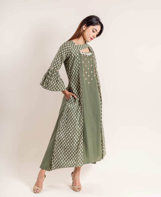 Fern Green Embroidered Cotton Dress With Bell Sleeves