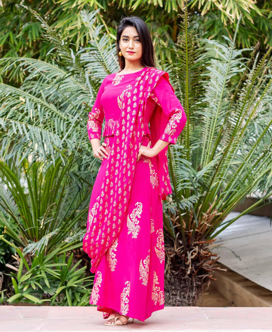 Fuchsia and Gold Printed Top with Saree Skirt