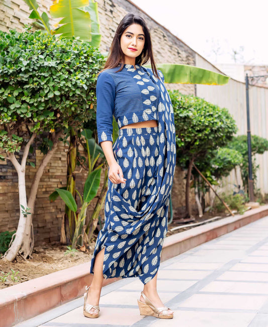 Indigo Block Printed Designer Dhoti Saree