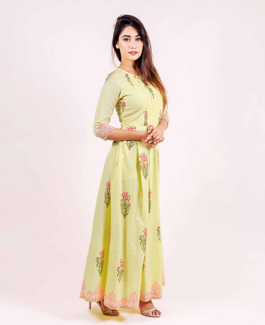 Lime Hand Block Printed Floor Length Dress