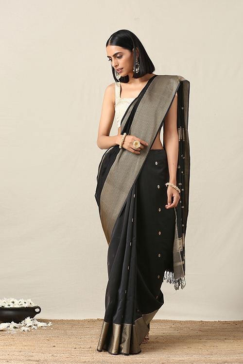 Handweave Maheshwari Handloom Black Silk Cotton Saree