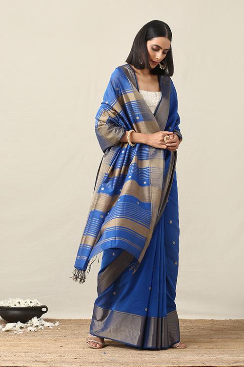 Handweave Maheshwari Handloom Blue Zari Border Silk Cotton Saree