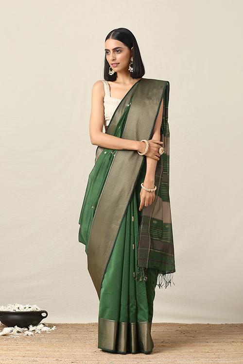 Handweave Maheshwari Handloom Green Silk Cotton Saree