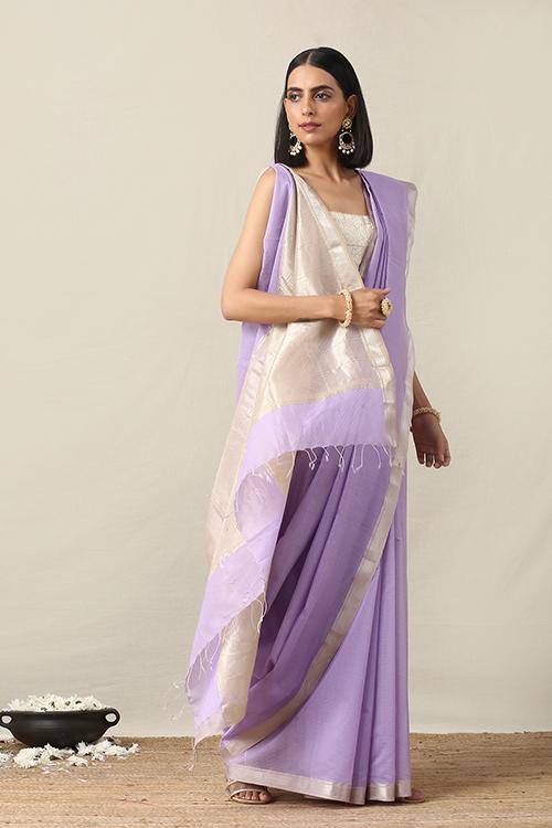 Handweave Maheshwari Handloom Purple Stripe Silk Cotton Saree