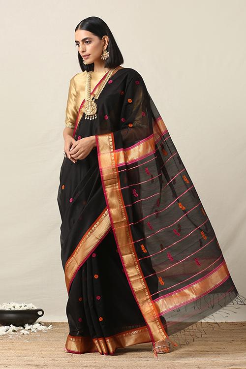 Handweave Maheshwari Handloom Black Zari Border Silk Cotton Saree