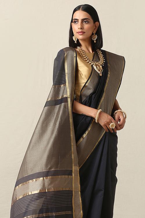 Handweave Maheshwari Handloom Black stripes Silk Cotton Saree