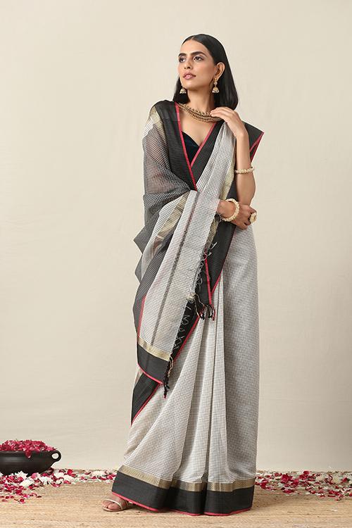 Handweave Maheshwari Handloom Silk Cotton Saree- Black