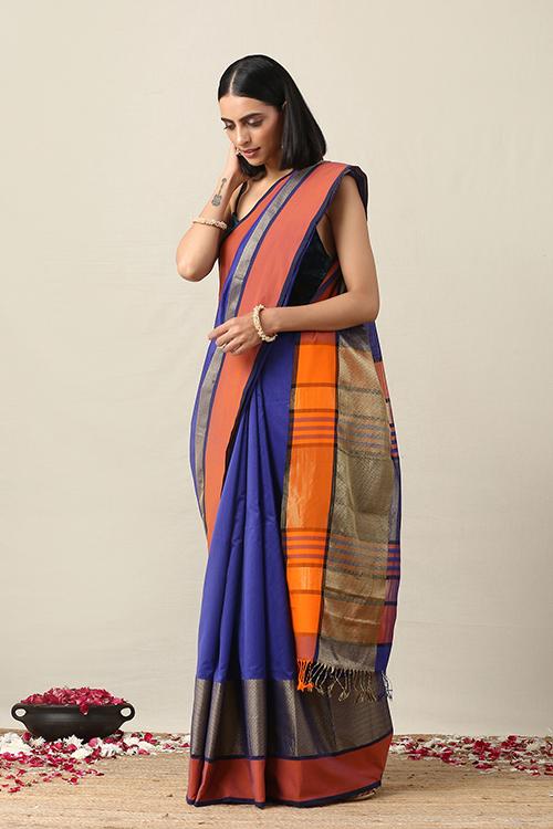 Handweave Maheshwari Handloom Blue and Orange Silk Cotton Saree