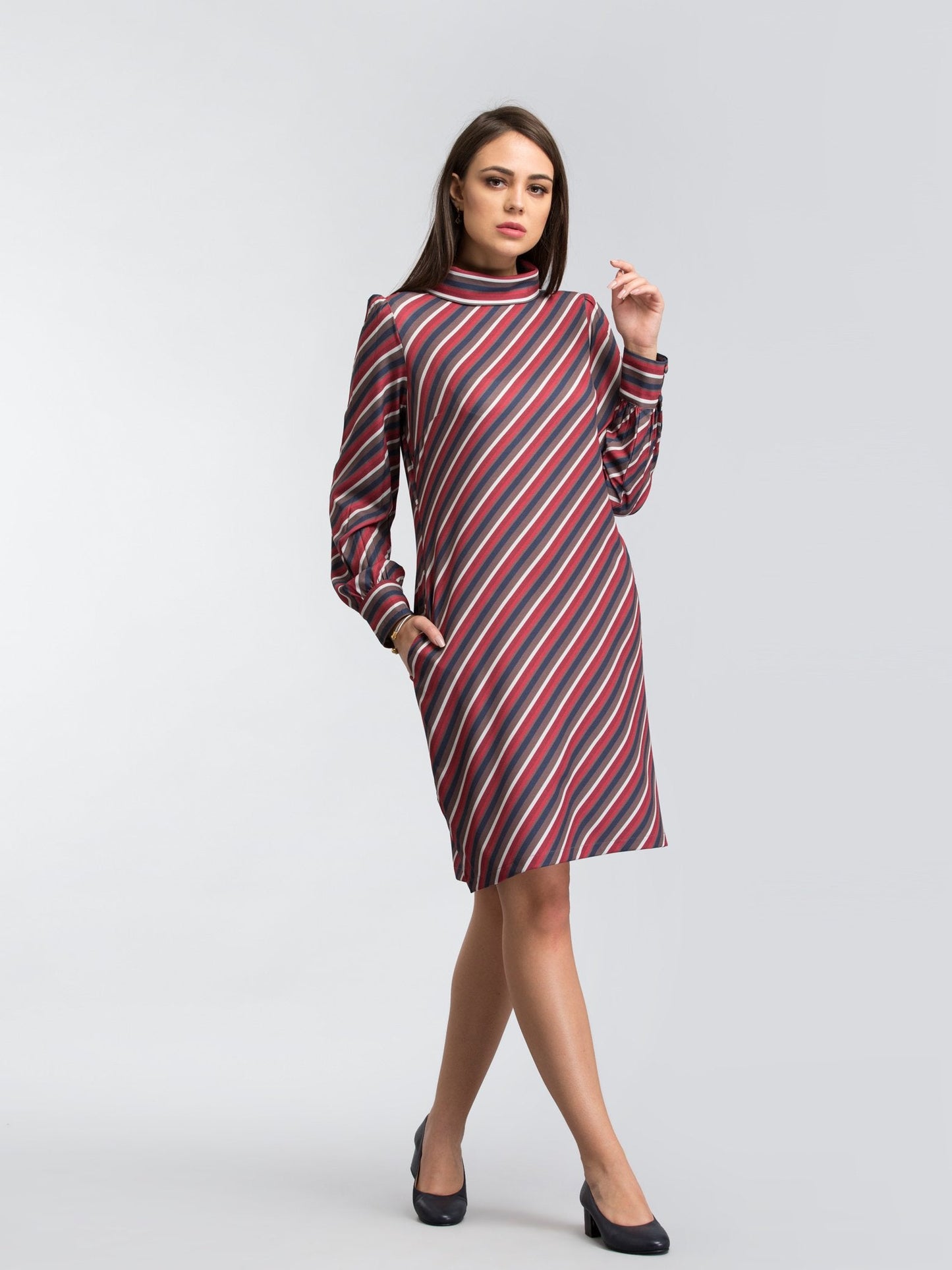 High Neck Striped Shift Dress - Multicolour