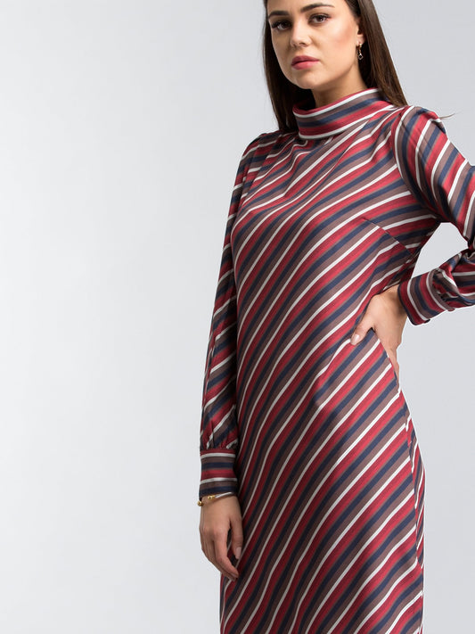 High Neck Striped Shift Dress - Multicolour