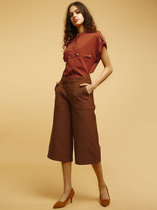 High Waist Short Culottes With Functional Pockets - Rust