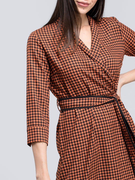 Houndstooth Print Faux Wrap Dress - Orange and Black