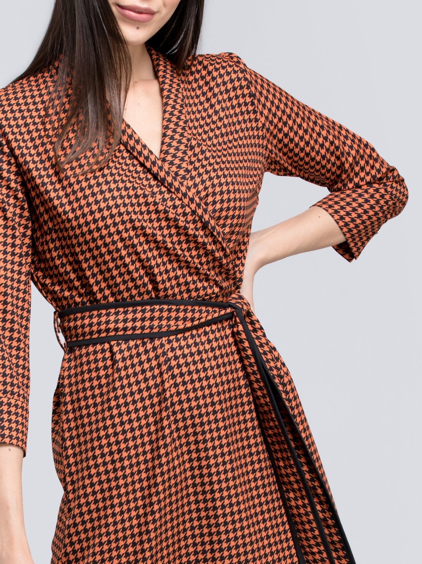 Houndstooth Print Faux Wrap Dress - Orange and Black